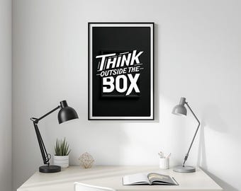 Poster Think Outside the Box – motiverende muurkunst, minimalistisch kantoordecor, afdrukbaar citaat, digitale download