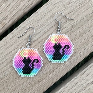 Neon Rainbow Cat Silhouette Brick Stitch Earring Pattern PDF
