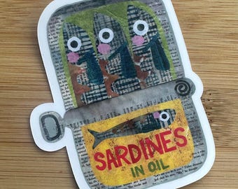 Sardines Original Collage Art Sticker ~ Vinyl Matte, Text or Holographic Laminate ~ Tinned Fish ~ Great for Laptops, Water bottles and More!