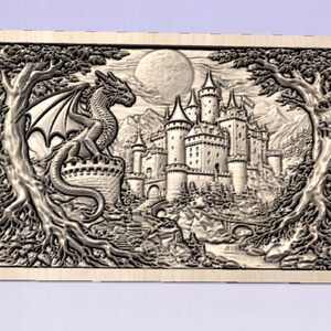 May include: A detailed wooden carving depicts a fantasy scene. A dragon perches atop a tower, overlooking a castle with multiple turrets, a bridge, and a full moon. Trees frame the scene, adding depth to the artwork.