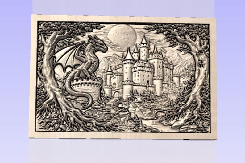 May include: A detailed wooden carving depicts a fantasy scene. A dragon perches atop a tower, overlooking a castle with multiple turrets, a bridge, and a full moon. Trees frame the scene, adding depth to the artwork.