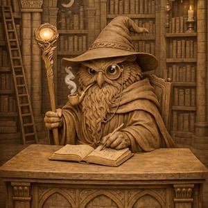 May include: An owl wizard in a brown robe and hat, wearing a monocle, smokes a pipe while writing in a book. He holds a glowing staff. The scene is set in a library with bookshelves and a crescent moon.