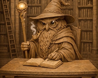 Owl Wizard Scholar 3D Relief STL | CNC Router & Laser Engraving File | Fantasy Library Wall Panel | Digital Download