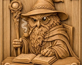 Wizard Owl STL File – 3D Relief CNC Router Carving | Owl Wizard Wall Panel | Fantasy Wood Carving Art | Digital Download
