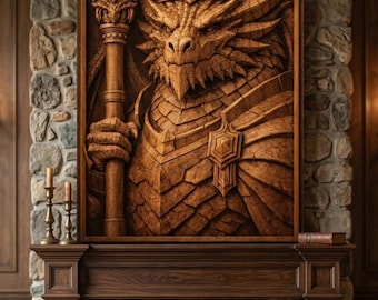 May include: A detailed wooden relief carving of a dragon wearing a crown and armor, holding a staff with a cross. The artwork is framed and mounted above a fireplace with a stone facade. The dragon is carved in shades of brown.