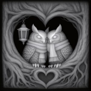 May include: A grayscale illustration of two owls nestled together within a heart-shaped tree frame. The owls wear scarves and are perched on a branch, with a lantern hanging nearby. The artwork has a detailed, textured appearance.