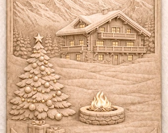 Winter Alpine Village Relief STL | Cozy Snowy Chalet Scene | CNC Wood Carving File | Rustic Christmas Wall Art