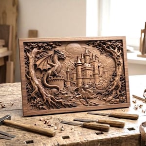 May include: A rectangular wooden wall art piece featuring a detailed relief carving of a dragon perched on a castle tower, surrounded by trees and a full moon. The artwork is framed in wood and displays intricate textures and depth.