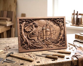Dragon Castle CNC Relief Carving File – Medieval Fantasy Wood Art (Digital Download)