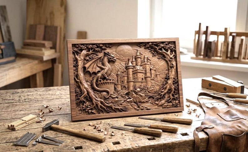 May include: A rectangular wooden wall art piece featuring a detailed relief carving of a dragon perched on a castle tower, surrounded by trees and a full moon. The artwork is framed in wood and displays intricate textures and depth.