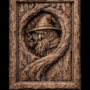 May include: A rectangular brown wood carving featuring a relief of an owl wearing a pointed hat and a monocle while smoking a pipe. The owl is framed within a circular opening surrounded by a textured bark-like border and a thick frame.