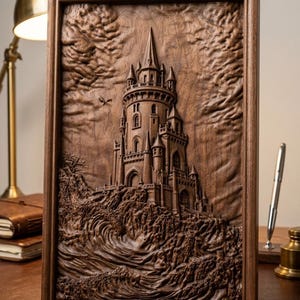 May include: A framed, wooden relief carving of a castle on a rocky cliff. The castle has multiple towers and spires, with detailed architectural elements. The carving is set against a backdrop of stylized clouds and waves, all within a dark brown frame.