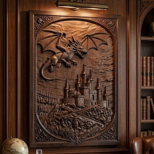 CNC STL File – Dragon Castle Relief Carving – The Sovereign – Wood Carving Digital Download – Fantasy Medieval Wall Art