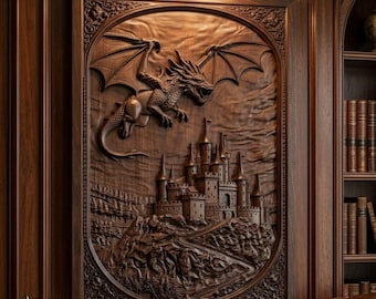 CNC STL File – Dragon Castle Relief Carving – The Sovereign – Wood Carving Digital Download – Fantasy Medieval Wall Art