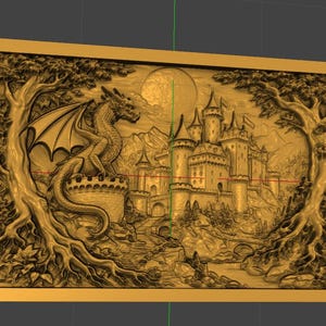 May include: A rectangular golden relief panel featuring a detailed 3D carving of a dragon perched on a castle turret. The scene includes a large castle with multiple towers, a full moon in the sky, and two large trees framing the sides.