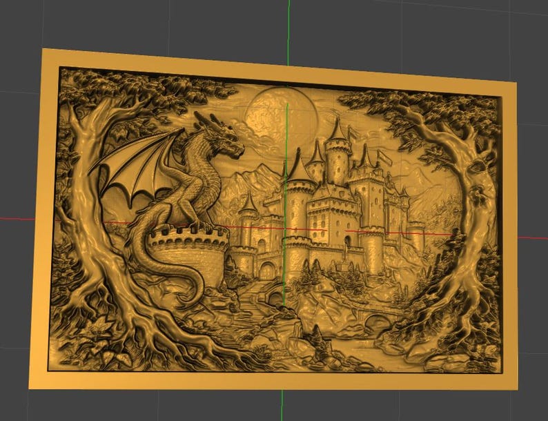 May include: A rectangular golden relief panel featuring a detailed 3D carving of a dragon perched on a castle turret. The scene includes a large castle with multiple towers, a full moon in the sky, and two large trees framing the sides.