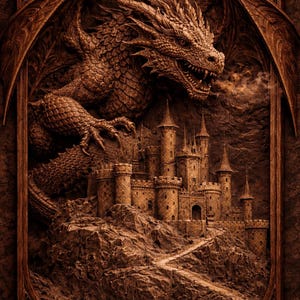 May include: A detailed brown relief carving of a dragon and castle scene. The dragon, with textured scales and wings, looms over a castle on a rocky mountain. The artwork is framed with a decorative border, creating a fantasy theme.