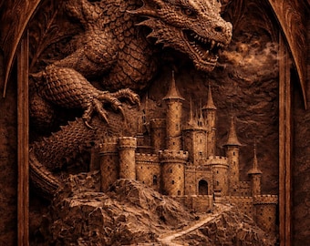 May include: A detailed brown relief carving of a dragon and castle scene. The dragon, with textured scales and wings, looms over a castle on a rocky mountain. The artwork is framed with a decorative border, creating a fantasy theme.