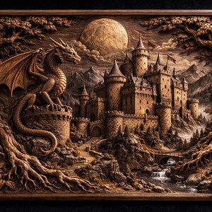 May include: A detailed wooden relief carving depicting a fantasy scene. A dragon perches atop a tower, overlooking a castle with multiple turrets, set against a backdrop of mountains and a full moon. The artwork is framed by stylized trees.