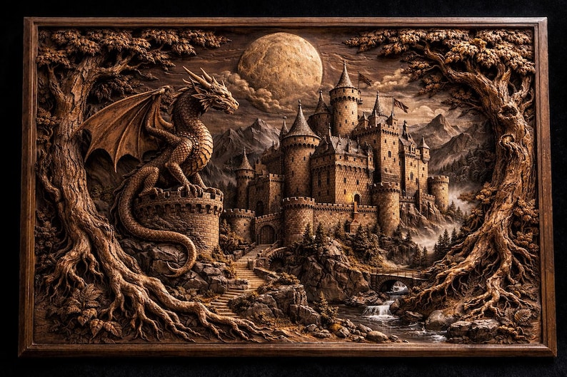 May include: A detailed wooden relief carving depicting a fantasy scene. A dragon perches atop a tower, overlooking a castle with multiple turrets, set against a backdrop of mountains and a full moon. The artwork is framed by stylized trees.