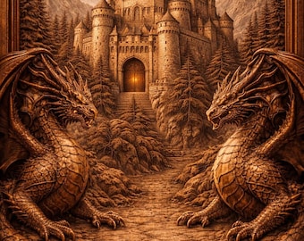 May include: A sepia-toned framed artwork depicts a medieval castle nestled in a mountain landscape. Two detailed dragons flank a stone path leading to the castle's entrance. The artwork evokes a fantasy theme.