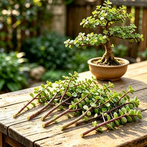 May include: A small jade bonsai tree in a round tan ceramic pot sits on a wooden table next to several detached jade plant cuttings with reddish-brown stems and small, rounded, fleshy green leaves arranged in a row on the wooden surface.