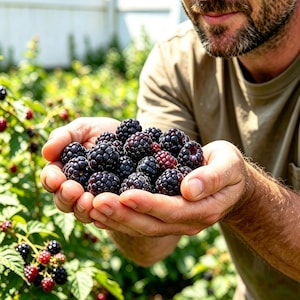 May include: A large handful of freshly picked, dark purple and black blackberries held in cupped palms. The berries have a textured, bumpy surface and are clustered together, with some showing deep red hues, against a blurred green garden background.