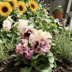 May include: A garden bed featuring ruffled pansies with petals in shades of cream, soft pink, and deep purple. The pansies are surrounded by green rosemary sprigs and bright yellow sunflowers in the background, all planted in dark soil.