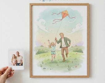 Retrato de padre e hijo a partir de tu foto, arte mural en acuarela, archivo digital o impresión, 27 opciones de escenas, regalo para papá, decoración de oficina
