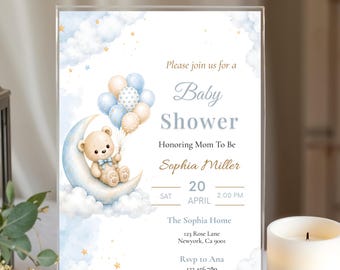 We Can Bearly Wait Baby Shower Invitation, Blue Boho Teddy Bear Balloon Boy Invite, Editable Canva Template, Instant Download