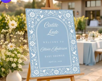 Plantilla editable para cartel de bienvenida de baby shower de Cielito Lindo, decoración mexicana Talavera azul empolvado para niño, temática de fiesta española, plantilla de Canva