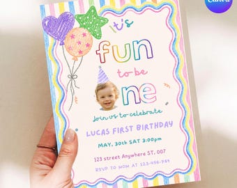 It's Fun to Be One Birthday Invitation, Gender Neutral Colorful 1st Birthday Custom Photo Canva Template, Digital Invite, Instant Download