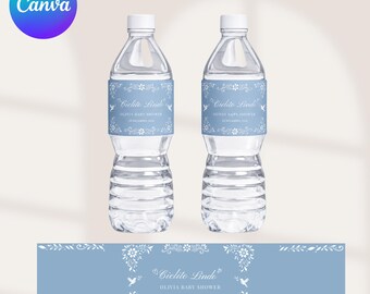 Etiqueta editable para botella de agua de baby shower Cielito Lindo, envoltorio de Talavera azul empolvado, decoración para fiesta temática mexicana, plantilla de Canva