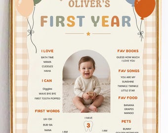Tablero de hitos del primer cumpleaños, cartel "Divertido por cumplir un año" con foto personalizada, póster colorido de estadísticas del bebé, plantilla editable de Canva.