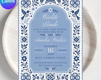 Plantilla editable de invitación a baby shower azul Cielito Lindo, invitación a Papel Picado de arte popular de Talavera de Fiesta Mexicana, Canva floral de terracota