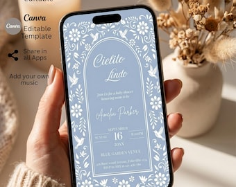 Invitación digital Cielito Lindo Baby Shower, Dusty Blue Mexican Baby Shower Evite, Invitación animada Talavera Boy Mobile Papel Picado