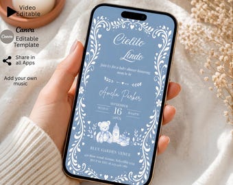 Invitación editable al baby shower de Cielito Lindo, invitación en vídeo animada móvil con tema mexicano azul, invitación digital para bebés de Papel Picado Talavera