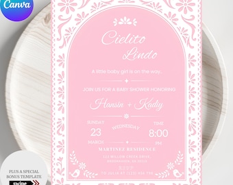 Invitación editable para baby shower de Cielito Lindo, invitación para baby shower de niña en rosa empolvado, tema de papel picado de talavera mexicana, plantilla de Canva