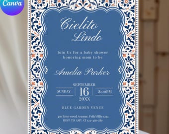 Cielito Lindo Blue Boy Baby Shower Invitation, Mexican Talavera Papel Picado Terracotta Spanish Theme, Canva Template, Printable