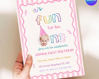 It's Fun to Be One Girl's 1st Birthday Invitation, Custom Photo Pink Retro Canva Template, Printable Digital Invite, Instant Download