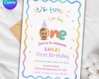 ¡Es divertido cumplir un año! Invitación de cumpleaños, invitación personalizada con foto para el primer cumpleaños de niño, plantilla colorida de Canva para el primer cumpleaños, descarga instantánea.