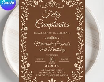 Plantilla de invitación de cumpleaños número 40 de Cielito Lindo, tema de fiesta mexicana Papel Picado, invitación a fiesta española de Talavera, plantilla Canva