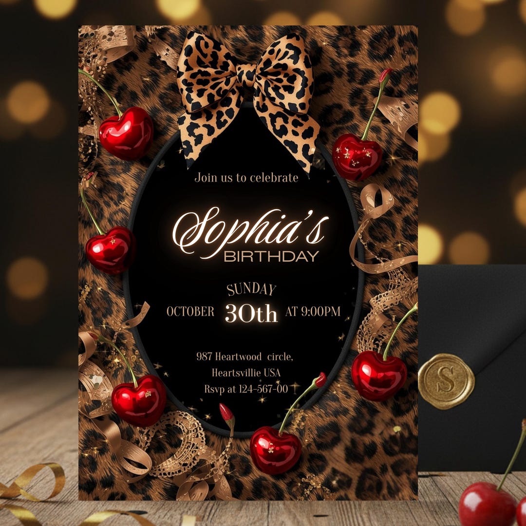 Leopard Print Birthday Invitation, Cherry & Black Bow Party Invite ...