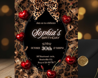 Invitación de cumpleaños con estampado de leopardo, lazo negro y cereza, ideal para un cumpleaños glamuroso y coqueto, plantilla editable de Canva.