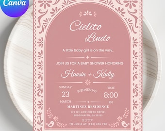 Zakurzony różowy Cielito Lindo Baby Shower szablon zaproszenia dla dziewczynki, meksykański motyw Fiesta Papel Picado Talavera cyfrowe zaproszenie, Canva edytowalne