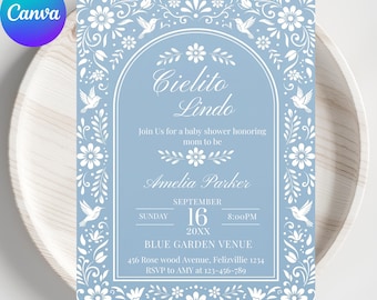 Invitación editable para baby shower en azul empolvado de Cielito Lindo, invitación mexicana de papel picado Talavera, tema español terracota, plantilla de Canva
