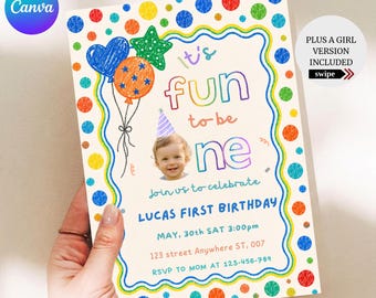 Convite para o primeiro aniversário do menino, modelo personalizado em Canva com fotos coloridas e retrô para celebrar a alegria de completar um ano, download instantâneo.