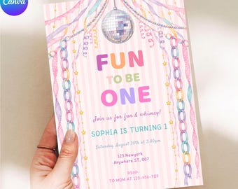 Fun to Be One Girl 1st Birthday Invitation, Pastel Disco Whimsical Retro Paper Chain Garland, Editable Canva Template, Digital Download