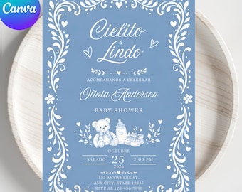 Plantilla editable de Cielito Lindo Dusty Blue Baby Shower, tema de Talavera mexicana, invitación de Papel Picado, descarga instantánea de Canva
