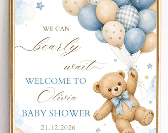 We Can Bearly Wait Boy Baby Shower Welcome Sign, Boho Teddy Bear Blue Balloon Decor, Editable Canva Template, Instant Download